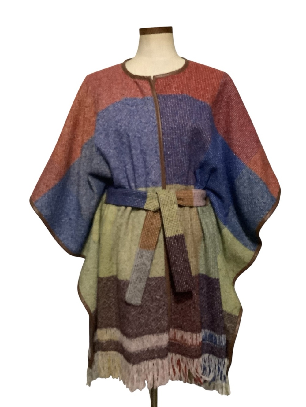 Anthropologie Nomad Morgan Carper Colorpane Belted Poncho M/L Boho Cabincore
